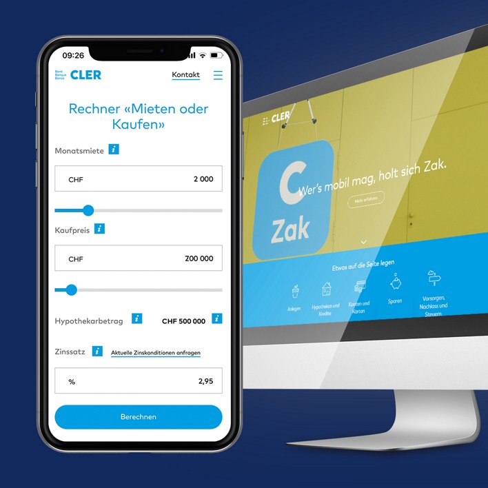 Smartphone und Desktopmonitor mit CLER-Website und Online-Rechner für die Entscheidung „Mieten oder Kaufen“.