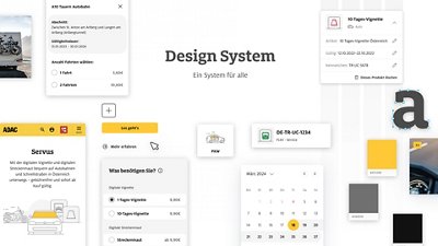 A digital interface showcasing a transport service design system with options for vignettes, vehicles, and a calendar.