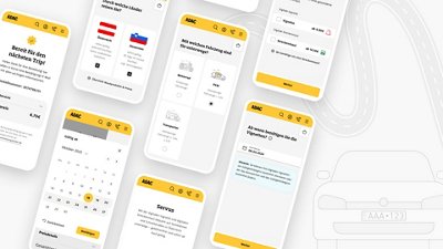 Screenshots of the ADAC app displaying travel trip details, vehicle types, vignettes, and road toll options.