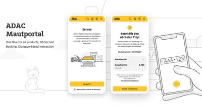 Screenshots of the ADAC Mautportal app showing a service welcome and order summary with total price for a digital vignette.