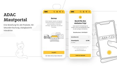Screenshots of the ADAC Mautportal app showing a service welcome and order summary with total price for a digital vignette.