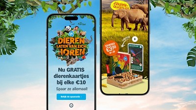 Animals from all over the world in the center of the image, surrounded by the sky and jungle elements