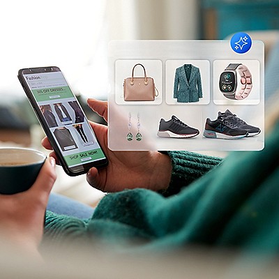 A person in a cozy sweater browses a fashion app on a smartphone, displaying clothing and accessories like a purse, blazer, earrings, and sneakers.