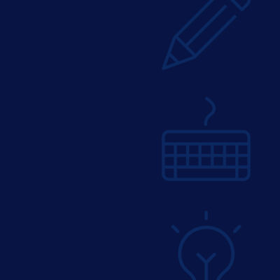 pencil, keyboard, and lightbulb icons on blue background