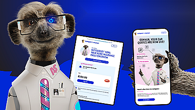 A stylized meerkat character wearing glasses and a futuristic white shirt stands against a bold blue background. 