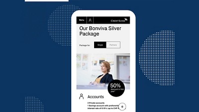 mobile device on blue backgrounf with a photo of your woman sitting at the desk and a circle saying fifty percent discount in first year