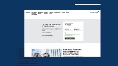 a view of swiss life website showing calculator of affordability of mortgage, some numbers and button calculate