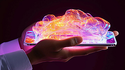 Hands holding smartphone with glowing digital cloud