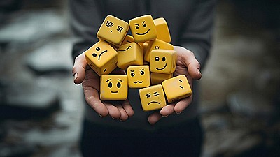 Person holding wood blocks with faces on them