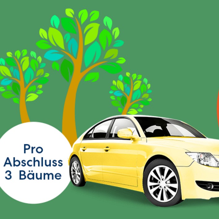 Illustration eines gelben Autos vor Bäumen mit dem Hinweis: Pro Abschluss werden drei Bäume gepflanzt.