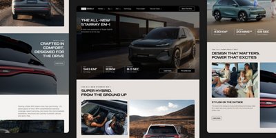Digital mockups showcase a modern electric SUV across multiple web page layouts. 