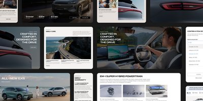 Screenshots of the Geely app and website featuring cars and different statistics