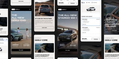 A series of Geely mobile app interface screens showcases Geely electric SUVs and related vehicle information. 
