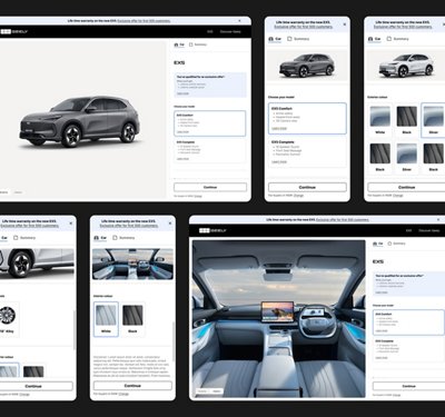 A series of digital screens shows an online interface for configuring a modern electric SUV. 
