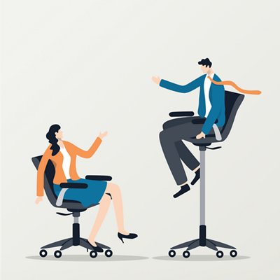 Two individuals seated on office chairs facing each other in conversation. The woman on the left wears an orange blazer and blue skirt, seated on a regular-height chair. The man on the right, dressed in a blue blazer and gray trousers, sits on a taller chair with his legs crossed. Both are animatedly gesturing, suggesting an engaging discussion.
