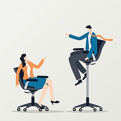 Two individuals seated on office chairs facing each other in conversation. The woman on the left wears an orange blazer and blue skirt, seated on a regular-height chair. The man on the right, dressed in a blue blazer and gray trousers, sits on a taller chair with his legs crossed. Both are animatedly gesturing, suggesting an engaging discussion.