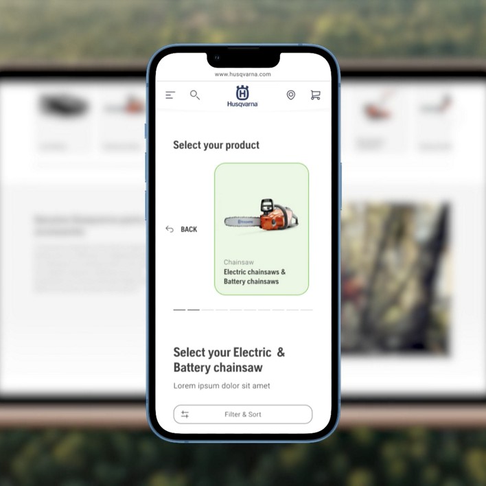Smartphone screen showing Husqvarna webpage with chainsaw selection and filter options.