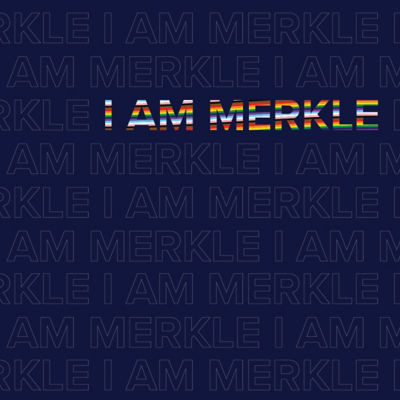 I am Merkle written all over a blue background with one line in rainbow colors