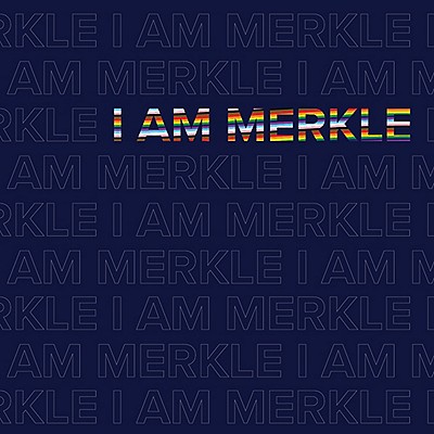 I am Merkle written all over a blue background with one line in rainbow colors