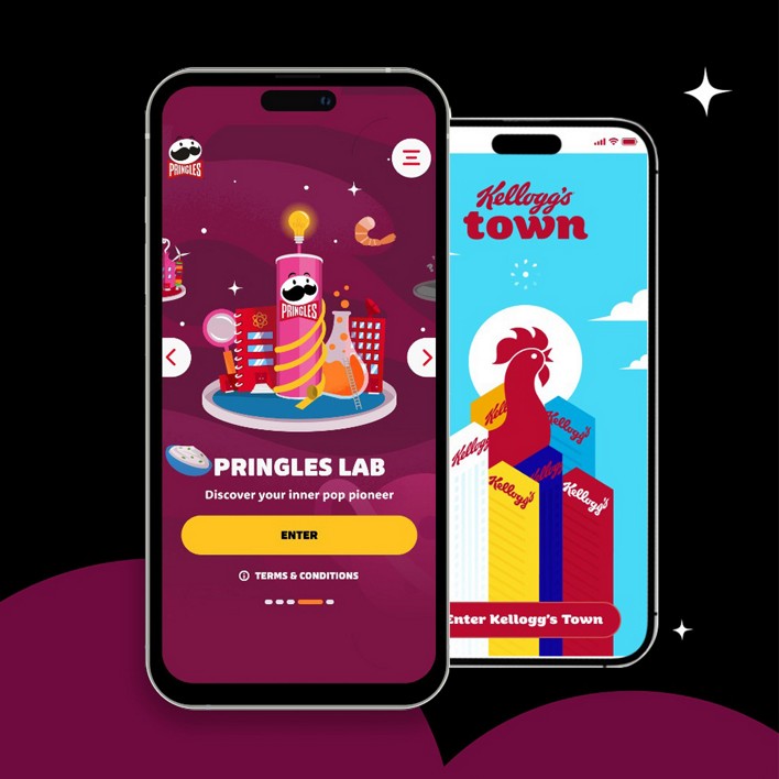 Two smartphone screens are visible. The left screen shows a Pringles Lab interface with a vibrant lab-themed design. The right screen displays Kellogg's Town with colorful buildings and a rooster on a blue sky background, conveying a playful mood.