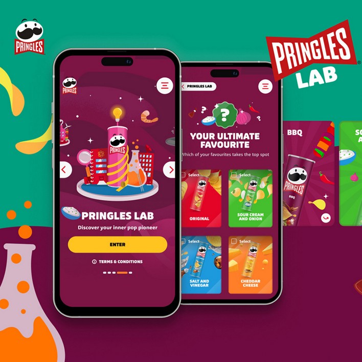 Two smartphones display the Pringles Lab app against a colorful background. Screens show vibrant Pringles cans, flavors, and a playful, whimsical theme.