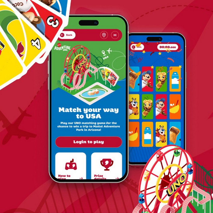 Mobile screens displaying a UNO matching game with a colorful amusement park theme, inviting players to win a trip to Mattel Adventure Park.