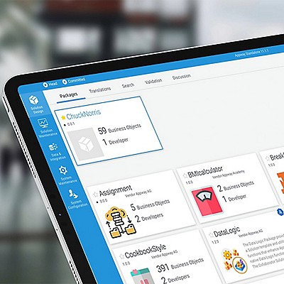 A tablet displays a software interface showing packages like "ChuckNorris" and "BMIcalculator," detailing business objects and developers.