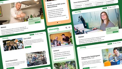 A digital interface for Lebenshilfe Wien, showcasing community living, work opportunities, and testimonials with vibrant visuals and user-friendly design.