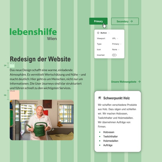 A digital mockup showcases the redesign of the Lebenshilfe Wien website. The layout features green striped backgrounds, UI elements like buttons labeled 'Primary' and 'Secondary', and informational cards. A blurred person is seen holding a green bowl in a cozy indoor setting. Visible text includes 'lebenshilfe Wien', 'Redesign der Website', and numeric values '24' and '56' on the left.