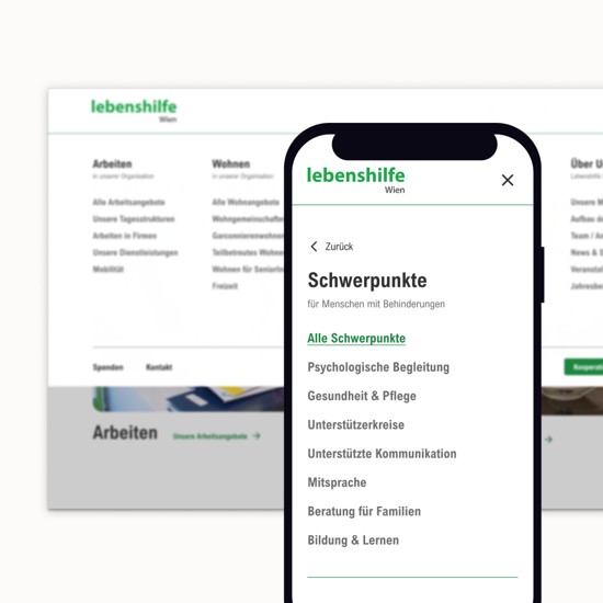 The image displays the Lebenshilfe Wien website on a desktop screen in the background and a mobile phone in the foreground. The mobile interface shows a menu with categories such as psychological support, health and care, and family counseling. The design uses a clean, minimal style with green accents and clear typography. The word 'lebenshilfe' and several German menu items are clearly visible.
