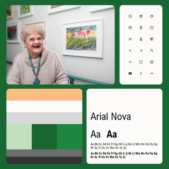 A collage showing a person in an art-filled room, UI icons, a green-toned color palette, and Arial Nova typography samples.