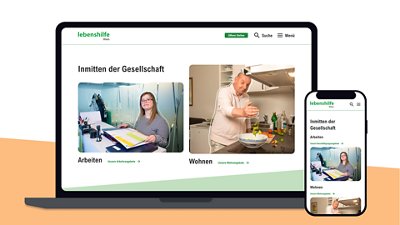A laptop and a smartphone display the Lebenshilfe Wien website, featuring sections on work and living. The website shows a woman with glasses working at a desk and a person preparing food in a kitchen. The interface is clean with green accents and German text, including 'Inmitten der Gesellschaft' and 'Arbeiten'. The devices are set against a simple, light background.