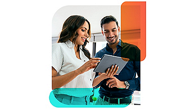woman and man looking at tablet device