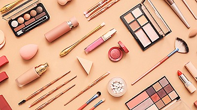 Flat lay of assorted makeup cosmetics