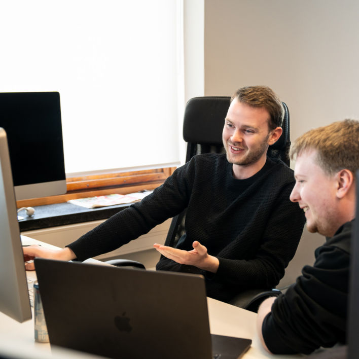 Two colleagues working together while smiling to the screen