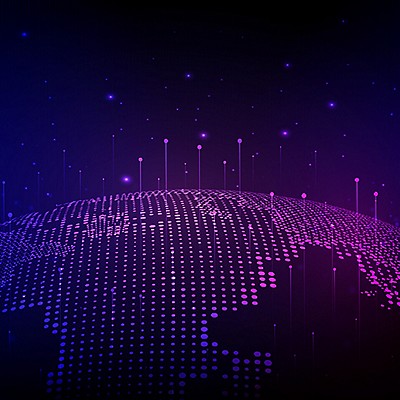 Digital globe of interconnected dots on dark background with purple highlights, suggesting a futuristic or technological theme, evoking a sense of connectivity.