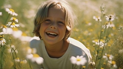 Young boy running through a field of flowers smiling