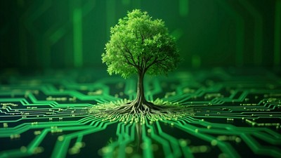 A green tree with an intricate root system rises from a circuit board, symbolizing the fusion of nature and technology.