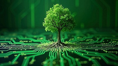 A vibrant green tree emerges from a circuit board, symbolizing the fusion of nature and technology against a dark green background.