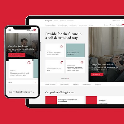 A smartphone and tablet display SwissLife's website, featuring financial solutions for future planning and personal health insurance options.
