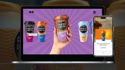 An image showcasing Emmi Caffè Latte varieties on a laptop and mobile device, featuring colorful cup designs and product details.