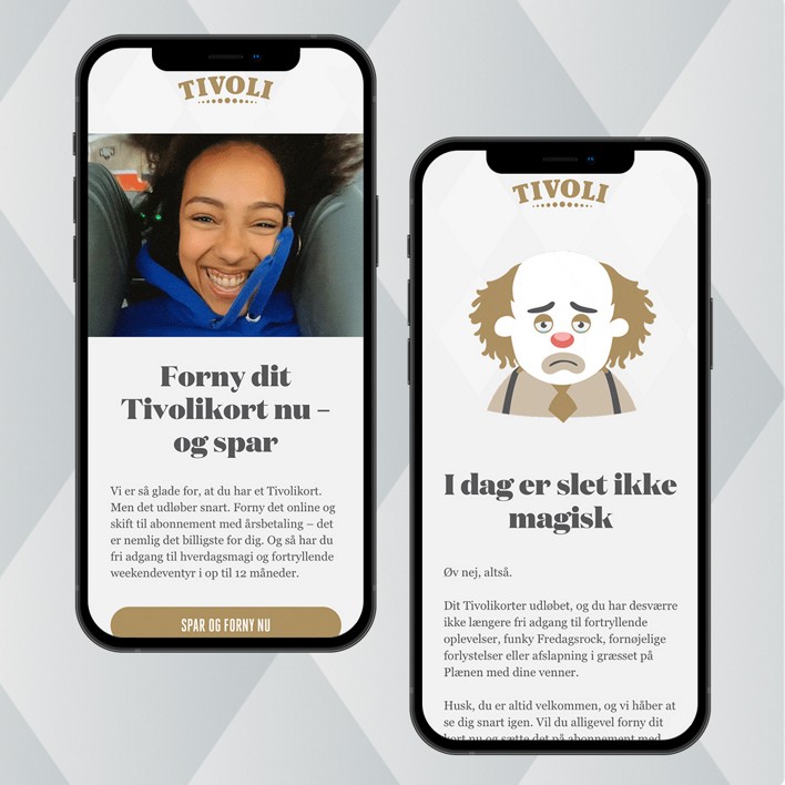 Two smartphones. The left screen shows a close-up of a smiling woman on a ride. The right screen shows a cartoon of a sad clown with messy brown hair and a frown.