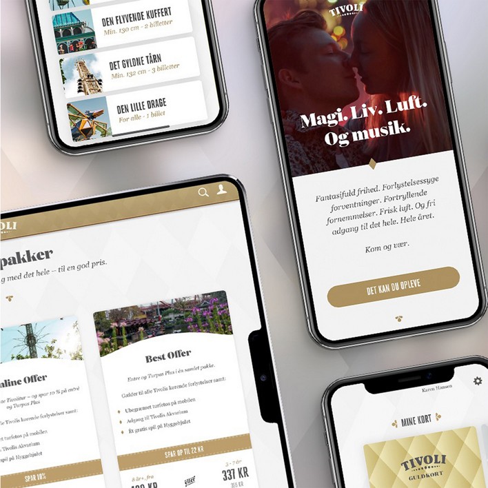 Four smartphones lying on a surface, each showing Tivoli app screens.