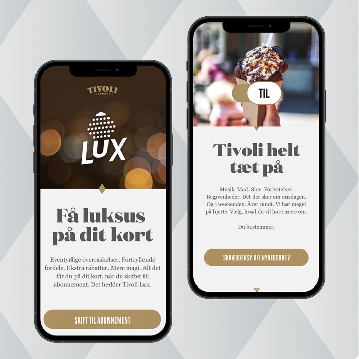 Two smartphones, one with a Tivoli Lux logo on a glowing background, the other with a hand holding an ice cream cone.