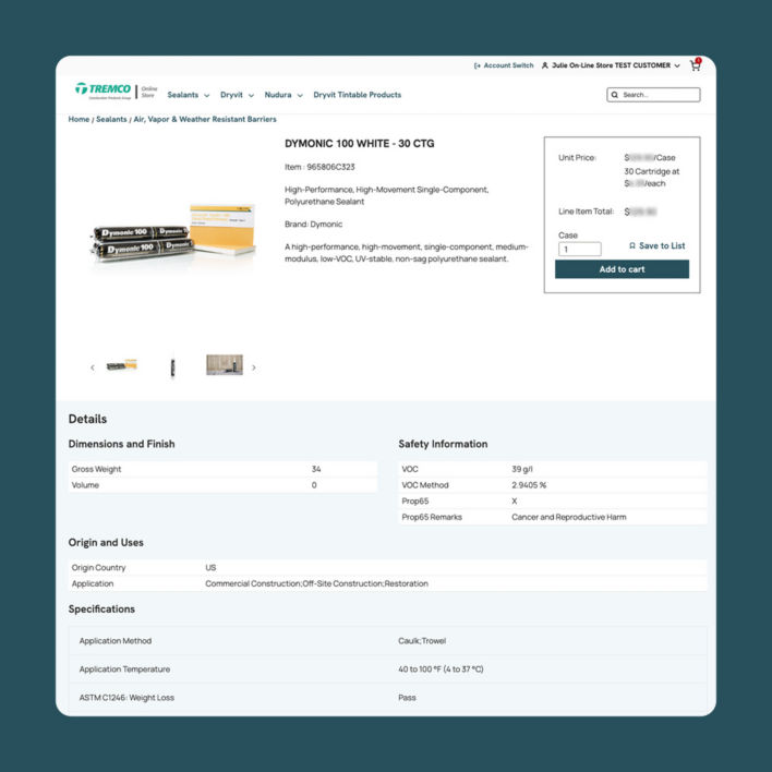 The redesigned product checkout screen for Tremco