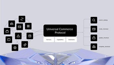 "Diagram showcasing 'Universal Commerce Protocol' with interconnected icons representing various services and capabilities. 