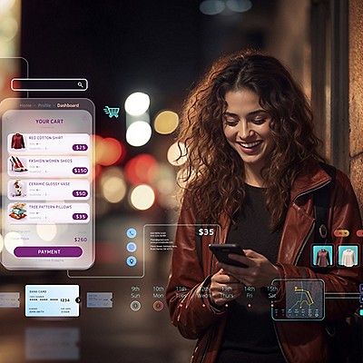Woman smiles while shopping online at night. Holographic cart interface displays items and prices.