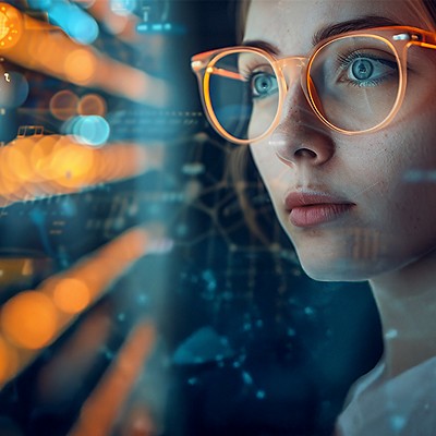 A woman with glasses looks at a computer screen, focused on her digital work or study