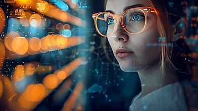 A woman with glasses looks at a computer screen, focused on her digital work or study