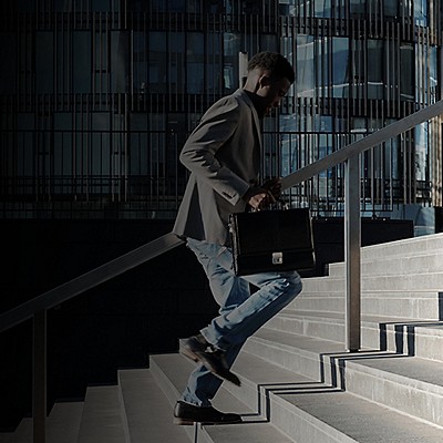 A man running up the stairs